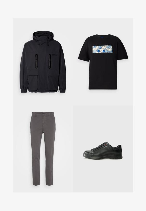 Juodas vandeniui atsparus džemperis su kapišonu, dviem užtrauktukais uždaromomis krūtinės kišenėmis ir elastingais rankogaliais. Išsiskiria minimalistiniu dizainu ir "HUGO" prekės ženklo žyme.; Juodas medvilninis marškinėliai su stačiakampiu grafiniu piešiniu mėlyna ir kreminėmis spalvomis, papuoštas apvaliais raštais ir piešiniais, skirtas laisvam prigludimui.; Pilkos chinos kelnės su siauru siluetu, pagamintos iš kvėpuojančios medvilnės. Yra sagos užsegimas ir šoninės kišenės, su lygiu, matinio paviršiaus apdaila.; Juodos odinės sportinės bateliai su tekstūruota viršutine dalimi, paminkštinta apykakle ir raudonu logotipo akcentu. Yra storas guminis padas su išskirtiniu protektoriaus raštu.