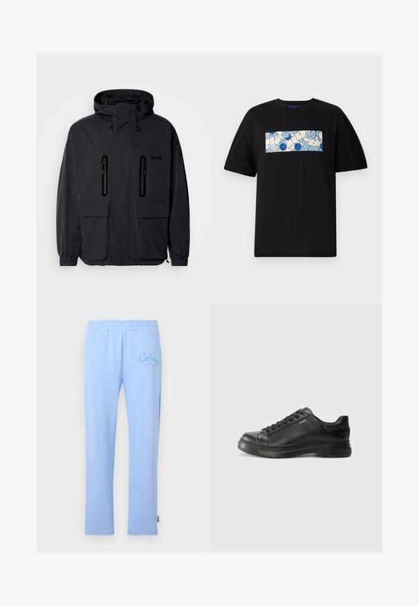 Svart vanntett jakke med hette, to glidelåslommer på brystet og elastiske mansjetter. Har et minimalistisk design og "HUGO"-merke.; Svart bomull t-skjorte med et rektangulært grafisk element i blått og kremfarge, med sirkulære mønstre og doodles, designet for en avslappet passform.; Lyse blå bomullssweatpants med elastisk midje. Har brodert "Colucci" logo på venstre side og rett ben-design.; Svarte lærsneakers med teksturert overdel, polstret krage og rød logodetalj. Har en tykk gummisåle med tydelig mønster.