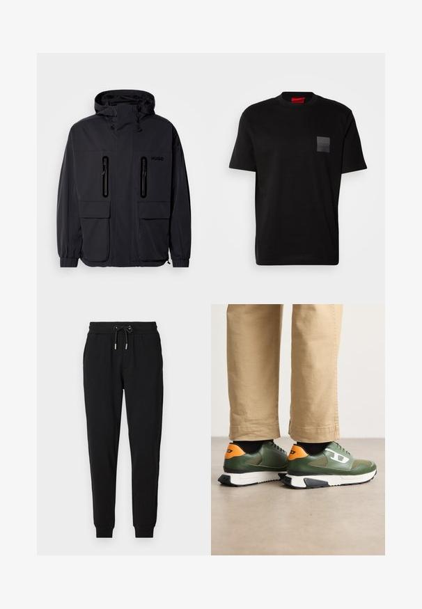 Čierna nepremokavá bunda s kapucňou, dvoma zipsovými náprsními vreckami a elastickými manžetami. Disponuje minimalistickým dizajnom a značkou "HUGO".; Čierne bavlnené tričko s okrúhlym výstrihom, s textúrovanou čiernou nášivkou s logom na ľavej hrudi. Krátke rukávy a voľný strih.; Čierne tepláky s elastickým pásom, nastaviteľnou šnúrkou, bočnými vreckami a zúženými nohavicami. Vyrobené z mäkkej, elastickej tkaniny.; Zelené kožené tenisky s oranžovými akcentmi, čiernymi detailmi a textúrovanou podrážkou, pohľad zozadu. Neformálny dizajn so šnurovaním.
