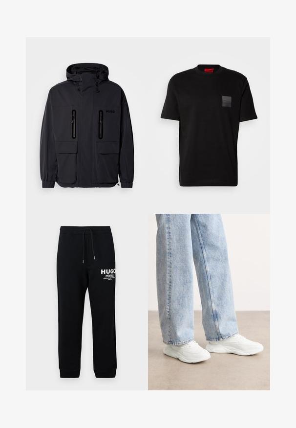 Casaco impermeável preto com capuz, duas bolsas de peito com fecho éclair e punhos elásticos. Apresenta um design minimalista e a marca "HUGO".; Camiseta de algodão preta com decote redondo, apresentando um patches texturizado preto com o logótipos no lado esquerdo do peito. Mangas curtas e corte descontraído.; Calças de fato de treino pretas feitas de uma mistura de algodão, com cordão na cintura, pernas ajustadas e logótipo e texto impressos em branco na coxa esquerda.; Ténis brancos de desporto com um design liso e moldado, e solas texturizadas, combinados com umas calças de ganga azuis claras de palas largas.
