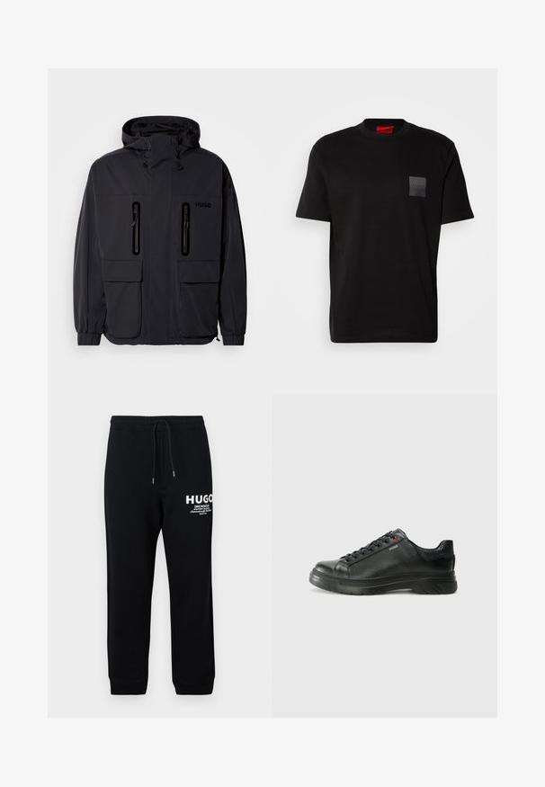Black waterproof jacket with a hood, two zippered chest pockets, and elastic cuffs. Features minimalistic design and "HUGO" branding.; Black cotton T-shirt with a crew neck, featuring a textured black patch with logo on the left chest. Short sleeves and relaxed fit.; Black sweatpants made from cotton blend, featuring a drawstring waist, tapered legs, and white printed logo and text on the left thigh.; Black leather sneaker with textured upper, padded collar, and red logo detail. Features a thick rubber sole with distinct tread pattern.