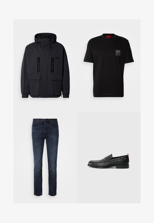 Black waterproof jacket with a hood, two zippered chest pockets, and elastic cuffs. Features minimalistic design and "HUGO" branding.; Black cotton T-shirt with a crew neck, featuring a textured black patch with logo on the left chest. Short sleeves and relaxed fit.; Dark blue denim jeans with a straight leg design, featuring five pockets, a button and zipper closure, and subtle stitching accents.; Black leather loafers with a textured front panel and smooth sides. Features a slim heel and rear loop for easy wear. Classic design.
