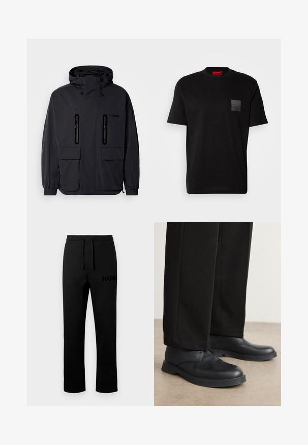 Schwarze wasserdichte Jacke mit Kapuze, zwei mit Reißverschluss versehenen Brusttaschen und elastischen Bündchen. Verfügt über ein minimalistisches Design und "HUGO"-Branding.; Schwarzes Baumwoll-T-Shirt mit Rundhalsausschnitt, versehen mit einem strukturierten schwarzen Patch mit Logo auf der linken Brust. Kurze Ärmel und entspannter Schnitt.; Schwarze Sweatpants mit elastischem Bund, Kordelzug und einem kleinen, geprägten "HUGO"-Logo auf der linken Seite. Glatte Textur, gerader Schnitt.; Schwarze Lederschuhe mit abgerundeter Zehe, flacher Sohle und minimalem Design. Kombiniert mit maßgeschneiderten schwarzen Hosen, die eine glatte Textur zeigen.