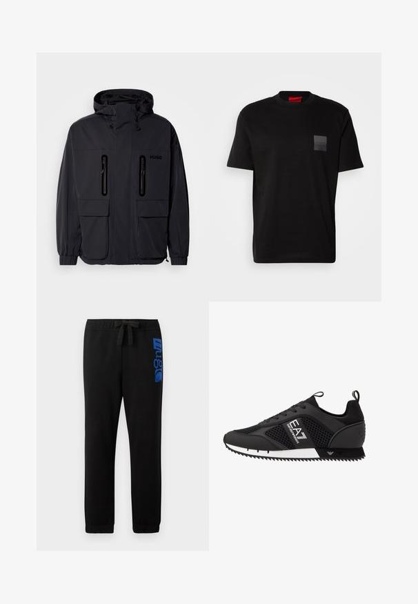 Black waterproof jacket with a hood, two zippered chest pockets, and elastic cuffs. Features minimalistic design and "HUGO" branding.; Black cotton T-shirt with a crew neck, featuring a textured black patch with logo on the left chest. Short sleeves and relaxed fit.; Black sweatpants made of cotton blend, featuring an elastic waistband with a drawstring and a blue logo printed on the left leg.; EA7 Emporio Armani Trainers - black/white