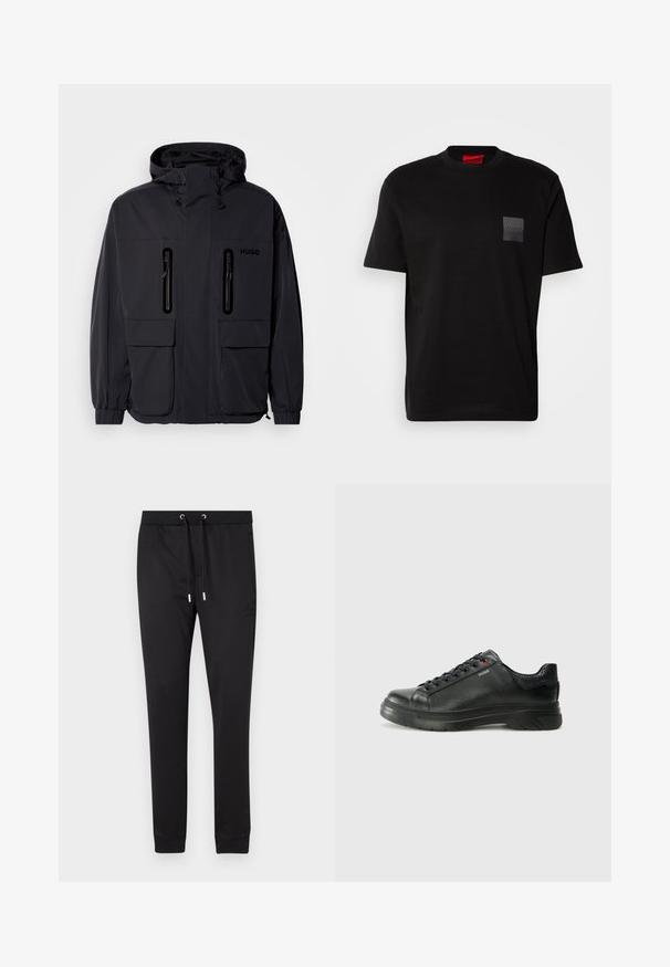 Črna vodoodporna jakna s kapuco, dvema žepoma z zadrgo na prsih in elastičnimi manšetami. Ima minimalističen dizajn in blagovno znamko "HUGO".; Črna bombažna majica s kratkimi rokavi in okroglim ovratnikom, z označeno teksturirano črno nalepko na levem prsnem delu. Ohlapen kroj.; Črne trenirke iz mehkega blaga, ki imajo elastičen pas z vrvicami, stranske žepke in oprijete manšete na gležnjih.; Črne usnjene superge z teksturiranim zgornjim delom, podloženim ovratnikom in rdečim logotipom. Imajo debel gumijast podplat z izrazitim vzorcem.