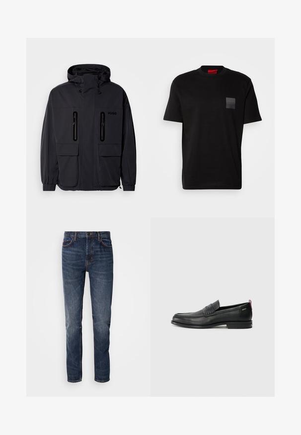 Black waterproof jacket with a hood, two zippered chest pockets, and elastic cuffs. Features minimalistic design and "HUGO" branding.; Black cotton T-shirt with a crew neck, featuring a textured black patch with logo on the left chest. Short sleeves and relaxed fit.; Dark blue denim jeans with a straight-leg design, five pockets, and contrasting stitching. Slightly faded texture with a classic fit.; Black leather loafers with a textured front panel and smooth sides. Features a slim heel and rear loop for easy wear. Classic design.