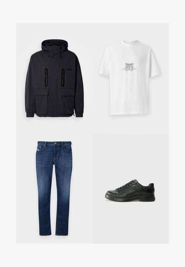 Juodas vandeniui atsparus džemperis su kapišonu, dviem užtrauktukais uždaromomis krūtinės kišenėmis ir elastingais rankogaliais. Išsiskiria minimalistiniu dizainu ir "HUGO" prekės ženklo žyme.; Balta medvilninė marškinėliai su apvalia iškirpte, trumpomis rankovėmis ir juodu gėlių grafiniu dizainu, kuriame centre yra žodis "HUGO".; Tamsiai mėlynos džinsinės kelnės su tiesiais sijonais, su penkių kišenių dizainu, matoma siuvimo linija ir metalinėmis sagų užsegimo prie diržo.; Juodos odinės sportinės bateliai su tekstūruota viršutine dalimi, paminkštinta apykakle ir raudonu logotipo akcentu. Yra storas guminis padas su išskirtiniu protektoriaus raštu.