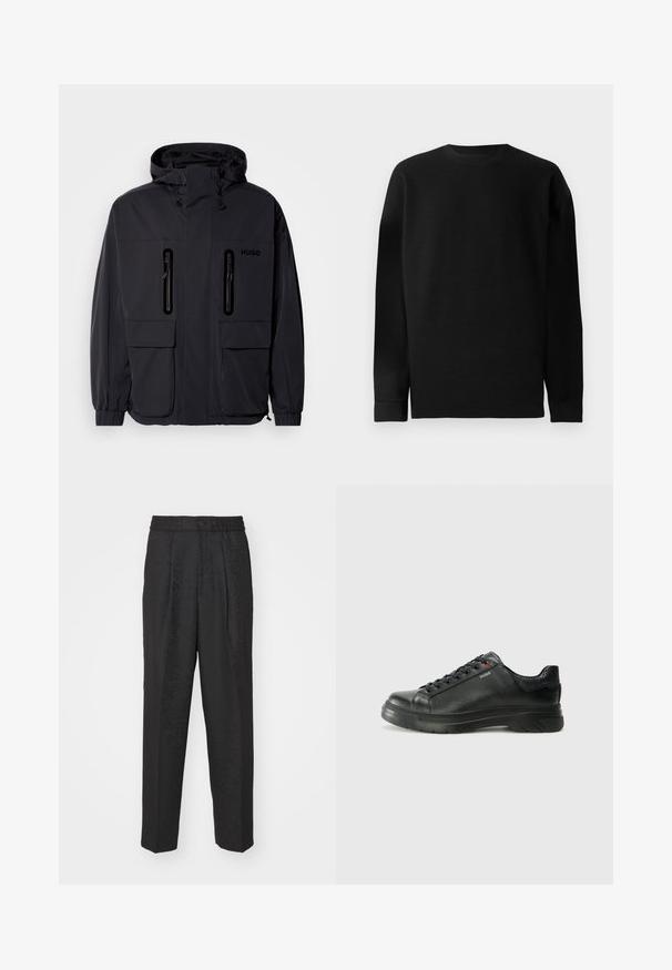Czarna wodoodporna kurtka z kapturem, z dwoma zamykanymi na zamek kieszeniami na piersi i elastycznymi mankietami. Posiada minimalistyczny design i branding "HUGO".; Czarny sweter z długim rękawem wykonany z prążkowanego materiału. Posiada okrągły dekolt oraz prosty dół z dopasowanymi mankietami. Prosty i jednokolorowy design.; Czarne spodnie z elastycznym pasem i zapięciem na guzik, z delikatnym wzorem biegnącym wzdłuż tkaniny.; Czarne skórzane sneakersy z teksturowaną cholewką, miękkim kołnierzem i czerwonym logo. Posiadają grubą gumową podeszwę z wyraźnym wzorem bieżnika.