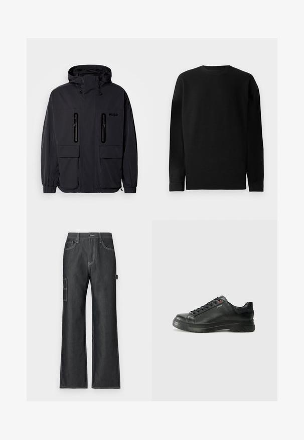 Must have veekindel, kapuutsiga must jakk, kus on kaks tõmblukuga rinna-taskut ja elastsed mansetid. Omab minimalistlikku disaini ja "HUGO" brändimist.; Must mustreidist pikkade varrukatega sviiter. Omab ümmargust kaelust ja sirget hemmi koos kitsaste mansettidega. Lihtne ja ühevärviline disain.; Tumed denimi cargo püksid laiade jalgade disainiga, kontrastsete valgete õmblustega, küljetaskutega ja vasakul jalal plaastritaskuga.; Must musta tennis, mille tekstuuriga pealis, pehmendatud krae ja punane logo detail. Omab paksu kummist tallat, millel on selge tallamuster.
