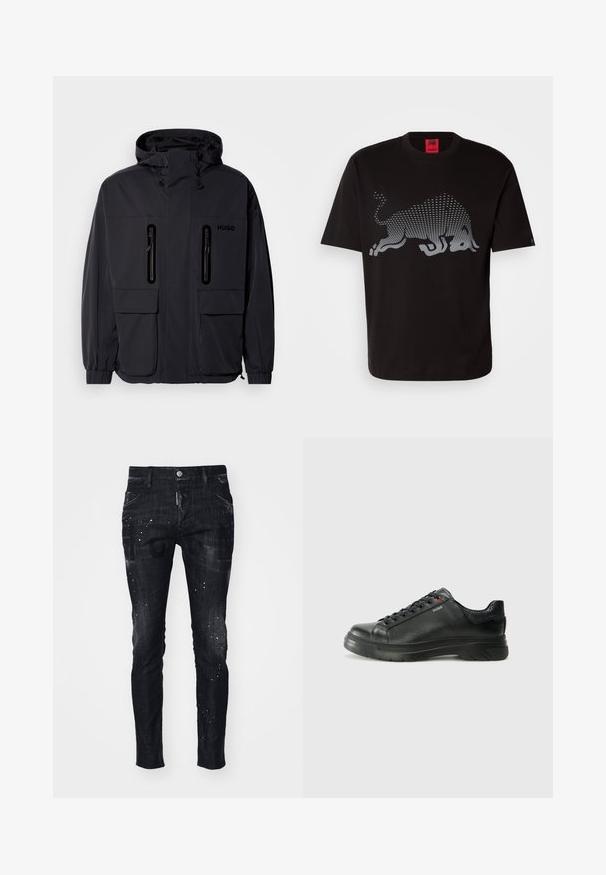 Zwarte waterdichte jas met een capuchon, twee ritszakken op de borst en elastische manchetten. Heeft een minimalistisch ontwerp en "HUGO" branding.; Zwarte katoenen t-shirt met een groot zilveren grafisch ontwerp van een stier, met een stippenpatroon. Ronde hals en korte mouwen.; Zwarte denim jeans met een slim fit, versleten textuur, verfspetters en gedurfde grafische prints op de voorkant.; Zwarte leren sneaker met een gestructureerde bovenkant, gevoerde kraag en rode logo-details. Heeft een dikke rubberen zool met een opvallend loopvlakpatroon.