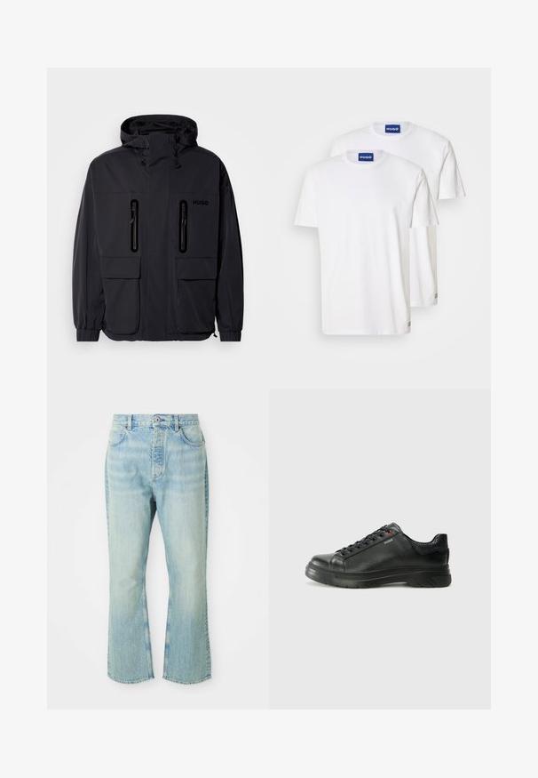 Svart vanntett jakke med hette, to glidelåslommer på brystet og elastiske mansjetter. Har et minimalistisk design og "HUGO"-merke.; Hvite bomull T-skjorter med rund hals og korte ermer, merket med blå "HUGO"-lapper på halsen og små detaljer på kanten.; Lyseblå denimbukser med utsvingte ben og høy midje, med fem lommer, beltehemper og en falmet vaskestruktur.; Svarte lærsneakers med teksturert overdel, polstret krage og rød logodetalj. Har en tykk gummisåle med tydelig mønster.