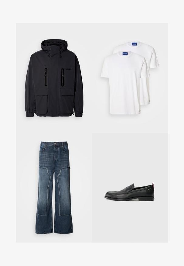 Crna vodoodbojna jakna s kapuljačom, dva ziperirana džepa na prsima i elastičnim manžetama. Ima minimalistički dizajn i "HUGO" logo.; Bijele pamučne majice s okruglim izrezima i kratkim rukavima, označene plavim oznakama "HUGO" na vratu i malim detaljima na rubu.; Labave plave traperice širokih nogavica, s detaljima od krpica, kontrastnim šavovima, velikim bočnim džepovima i kopčom na gumb.; Crne kožne loafere s teksturiranim prednjim panelom i glatkim stranama. Imaju uski petu i stražnju petlju za lakše obuvanje. Klasičan dizajn.