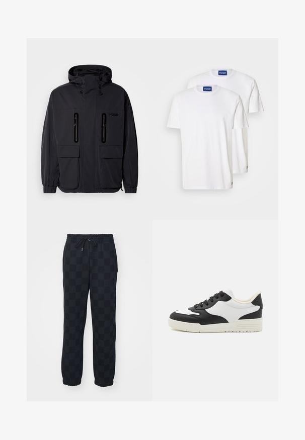 Schwarze wasserdichte Jacke mit Kapuze, zwei mit Reißverschluss versehenen Brusttaschen und elastischen Bündchen. Verfügt über ein minimalistisches Design und "HUGO"-Branding.; Weiße Baumwoll-T-Shirts mit Rundhalsausschnitten und kurzen Ärmeln, versehen mit blauen "HUGO"-Etiketten am Hals und kleinen Akzenten am Saum.; HUGO NORLIRY - Jogginghose - black; Schwarz-weißer Sneaker mit einem glatten Lederoberteil, runder Zehenform und flacher Gummisohle. Verfügt über schwarze Schnürsenkel und eine weiche Innenauskleidung.