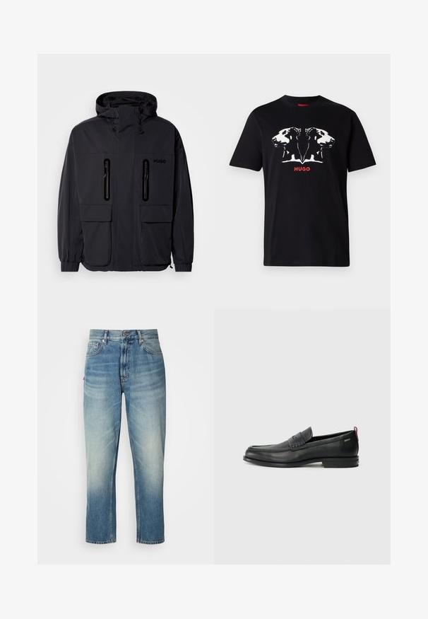 Black waterproof jacket with a hood, two zippered chest pockets, and elastic cuffs. Features minimalistic design and "HUGO" branding.; Black cotton t-shirt featuring a white graphic of two dog heads and red "HUGO" text below. Short sleeves and crew neck design.; Light blue denim jeans with a relaxed fit, featuring a button fly, five-pocket design, and fading effects on the thighs and bottom hem.; Black leather loafers with a textured front panel and smooth sides. Features a slim heel and rear loop for easy wear. Classic design.