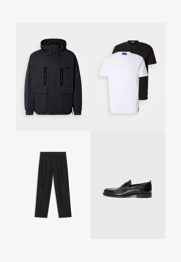 Schwarze wasserdichte Jacke mit Kapuze, zwei mit Reißverschluss versehenen Brusttaschen und elastischen Bündchen. Verfügt über ein minimalistisches Design und "HUGO"-Branding.; Zwei übereinander gestapelte T-Shirts: eines weiß und eines schwarz. Kurze Ärmel, runde Ausschnitte, aus Baumwollstoff. Mit einem kleinen blauen Logo am Ausschnitt.; Schwarze Hose mit einem gefältelten Design, weiter Beinform und glatter Textur. Verfügt über ein rotes Taillenlabel.; Schwarze Lederloafer mit schlankem Design, runder Zehenform, strukturiertem Akzent auf dem Vorderblatt und gummierter Sohle für besseren Halt. Mit Rückziehschlaufe.