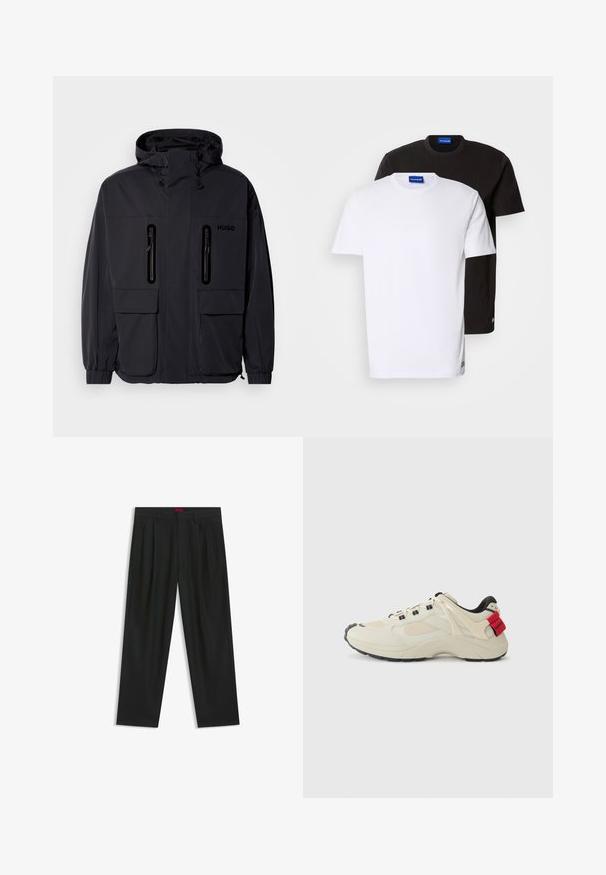Schwarze wasserdichte Jacke mit Kapuze, zwei mit Reißverschluss versehenen Brusttaschen und elastischen Bündchen. Verfügt über ein minimalistisches Design und "HUGO"-Branding.; Zwei übereinander gestapelte T-Shirts: eines weiß und eines schwarz. Kurze Ärmel, runde Ausschnitte, aus Baumwollstoff. Mit einem kleinen blauen Logo am Ausschnitt.; Schwarze Hose mit einem gefältelten Design, weiter Beinform und glatter Textur. Verfügt über ein rotes Taillenlabel.; Beige Sneaker mit Mesh- und Lederverkleidungen, schwarzer Gummisohle, Schnürdesign und roten Akzenten an der Ferse mit "Hugo"-Branding.