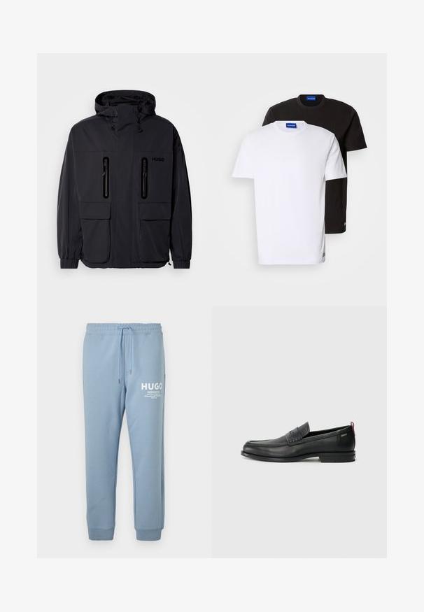 Zwarte waterdichte jas met een capuchon, twee ritszakken op de borst en elastische manchetten. Heeft een minimalistisch ontwerp en "HUGO" branding.; Twee T-shirts gestapeld: één witte en één zwarte. Korte mouwen, ronde halslijnen, van katoen. Heeft een klein blauw logo op de halslijn.; Lichtblauwe sweatpants van zacht fabric, met een elastische tailleband met een trekkoord en een witte logo-afdruk op de linkerdij.; Zwarte leren instappers met een textuur aan de voorkant en gladde zijden. Voorzien van een slanke hak en een lus aan de achterkant voor gemakkelijk aan- en uittrekken. Klassiek ontwerp.