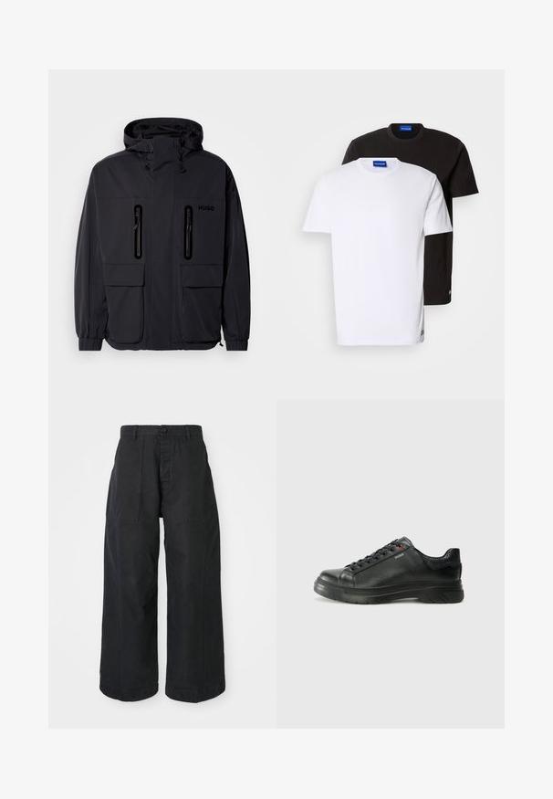 Black waterproof jacket with a hood, two zippered chest pockets, and elastic cuffs. Features minimalistic design and "HUGO" branding.; Two T-shirts stacked: one white and one black. Short sleeves, round necklines, cotton fabric. Features a small blue logo at the neckline.; Black wide-leg trousers made of canvas material with a button closure, featuring two front pockets and a relaxed fit.; Black leather sneaker with textured upper, padded collar, and red logo detail. Features a thick rubber sole with distinct tread pattern.