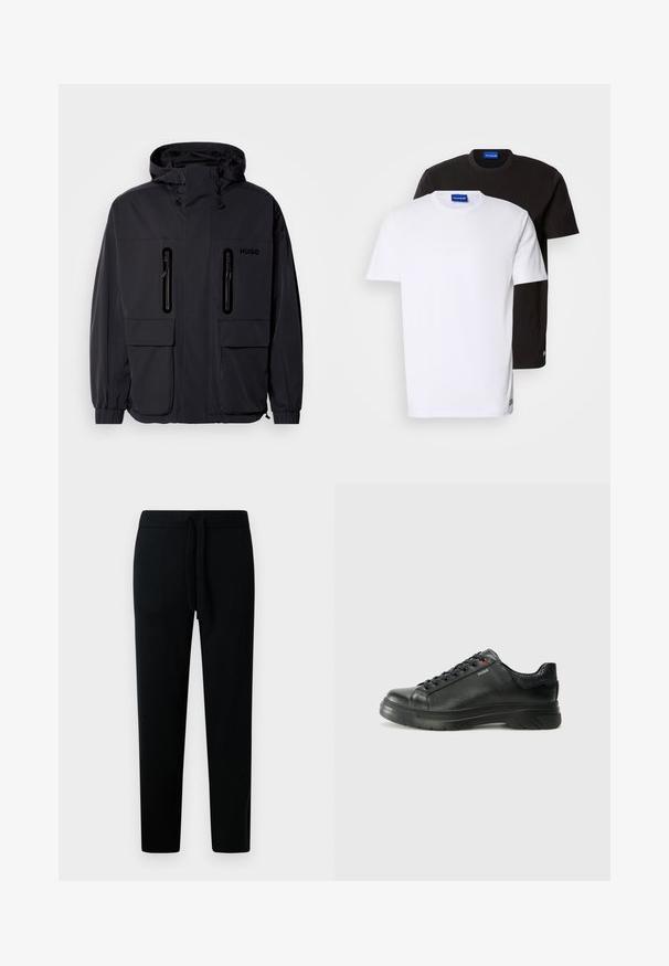 Fekete vízálló dzseki kapucnival, két cipzáras mellzsebbel és rugalmas mandzsettával. Minimalista dizájnnal és "HUGO" logóval ellátva.; Két póló egymásra helyezve: egy fehér és egy fekete. Rövid ujjú, kerek nyakú, pamut anyagból készült. A nyaknál egy kis kék logó található.; Fekete sportnadrág, húzózsinórral ellátott derekkal, tapered lábakkal és puha textúrával, alkalmas mindennapi vagy sportos viseletre.; Fekete bőr sportcipő, textúrált felsőrésszel, párnázott bokarésszel és piros logóval. Vastag gumitalppal rendelkezik, amely jellegzetes futási mintázattal bír.