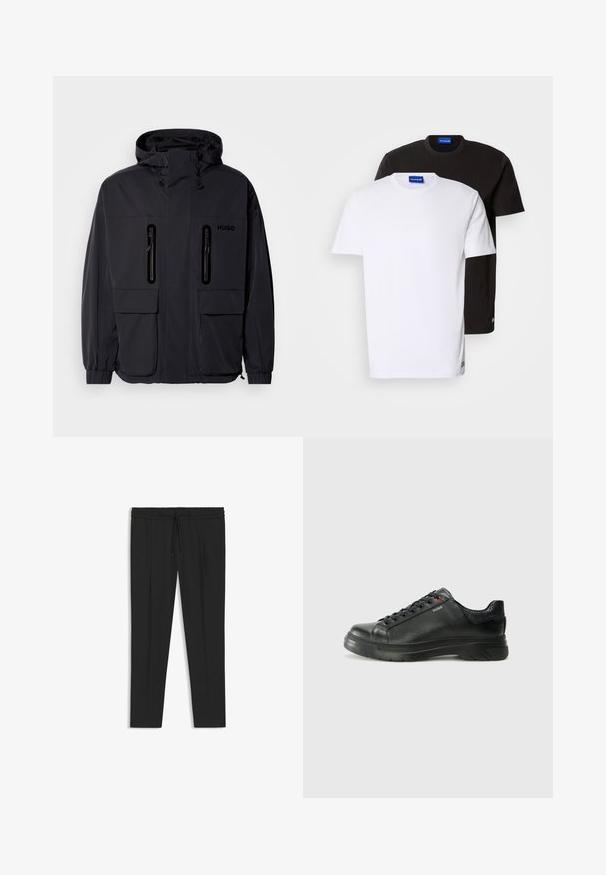 Black waterproof jacket with a hood, two zippered chest pockets, and elastic cuffs. Features minimalistic design and "HUGO" branding.; Two T-shirts stacked: one white and one black. Short sleeves, round necklines, cotton fabric. Features a small blue logo at the neckline.; Black pants with an elastic waistband, featuring a drawstring. Tailored fit with side pockets and a smooth, lightweight fabric.; Black leather sneaker with textured upper, padded collar, and red logo detail. Features a thick rubber sole with distinct tread pattern.