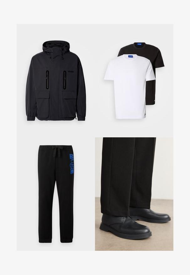 Black waterproof jacket with a hood, two zippered chest pockets, and elastic cuffs. Features minimalistic design and "HUGO" branding.; Two T-shirts stacked: one white and one black. Short sleeves, round necklines, cotton fabric. Features a small blue logo at the neckline.; Black sweatpants made of cotton blend, featuring an elastic waistband with a drawstring and a blue logo printed on the left leg.; Black leather shoes with a rounded toe, flat sole, and minimal detailing. Paired with tailored black pants, showing smooth texture.