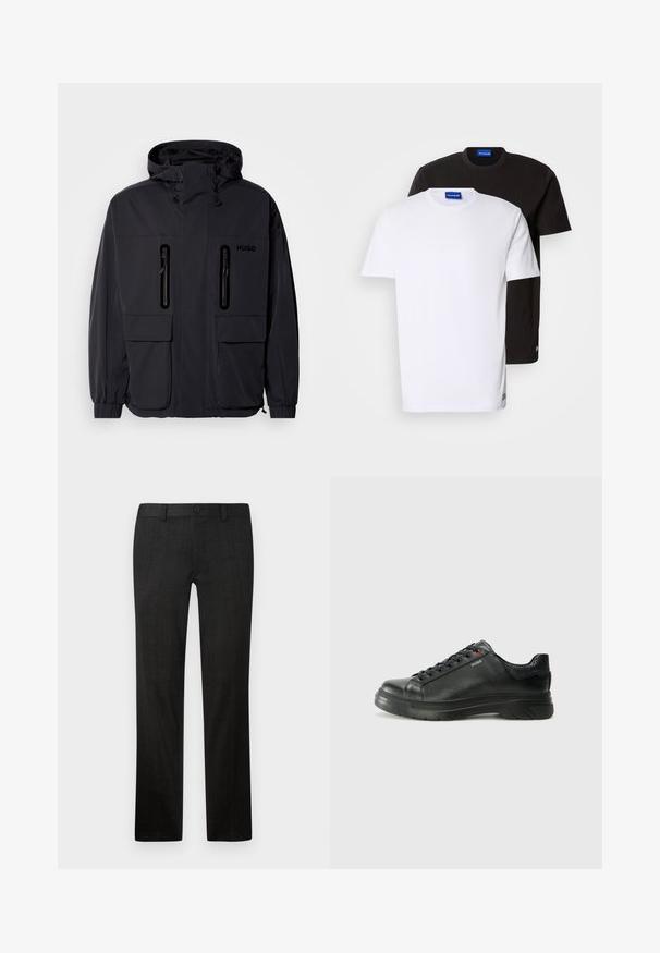 Giacca impermeabile nera con cappuccio, due tasche a zip sul petto e polsini elastici. Presenta un design minimalista e il marchio "HUGO".; Due magliette impilate: una bianca e una nera. Maniche corte, scollature rotonde, tessuto di cotone. Presentano un piccolo logo blu sul colletto.; Pantaloni neri su misura realizzati in tessuto testurizzato, caratterizzati da un design a gamba dritta, chiusura con zip frontale e bottone.; Sneaker nera in pelle con superficie testurizzata, collo imbottito e dettaglio logo rosso. Presenta una suola in gomma spessa con un motivo di battistrada distintivo.
