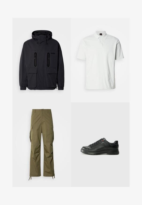 Svart vanntett jakke med hette, to glidelåslommer på brystet og elastiske mansjetter. Har et minimalistisk design og "HUGO"-merke.; Hvit polo skjorte laget av bomull, med klassisk krage, to knapper og en subtil merkevarelogo brodert på forsiden. Korte ermer.; Olivenfargede cargo-bukser laget av slitesterkt stoff, med rett ben-design, sidelommer og justerbare ankelbånd.; Svarte lærsneakers med teksturert overdel, polstret krage og rød logodetalj. Har en tykk gummisåle med tydelig mønster.