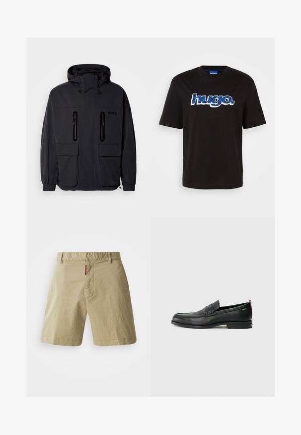 Sort vandtæt jakke med hætte, to lynlås-lommer på brystet og elastiske manchetter. Har et minimalistisk design og "HUGO" branding.; Sort bomulds t-shirt med "hugo." logo i blåt med et mønsterdesign. Korte ærmer og rund halsudskæring.; Beige bomulds-shorts med flad front, knaplukning og bæltestropper. Har en subtil tekstur og et lille rødt mærke på linningen.; Sorte læder loafers med en tekstureret frontpanel og glatte sider. Har en slank hæl og en bageste løkke til nem påtagning. Klassisk design.