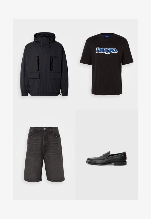 Veste imperméable noire avec capuche, deux poches poitrine zippées et poignets élastiques. Présente un design minimaliste et un logo "HUGO".; T-shirt en coton noir avec le logo "hugo." en bleu et un motif décoratif. Manches courtes et col rond.; Shorts en denim noir avec une coupe décontractée, dotés de poches avant, d'une texture vieilli et d'une taille classique avec une fermeture à bouton unique.; Mocassins en cuir noir avec un panneau avant texturé et des côtés lisses. Équipés d'un talon fin et d'une boucle à l'arrière pour un enfilage facile. Design classique.