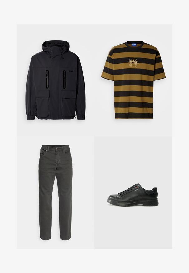 Črna vodoodporna jakna s kapuco, dvema žepoma z zadrgo na prsih in elastičnimi manšetami. Ima minimalističen dizajn in blagovno znamko "HUGO".; Črtasta majica s kratkimi rokavi v črni in temno olivno zeleni barvi, ki vsebuje grafiko sonca in "HUGO" blagovno znamko v kremni vezenini.; Temno sivi jeans iz bombažne mešanice, s ravno nogavico, sprednjimi žepki in gumbom za zapiranje na pasu.; Črne usnjene superge z teksturiranim zgornjim delom, podloženim ovratnikom in rdečim logotipom. Imajo debel gumijast podplat z izrazitim vzorcem.