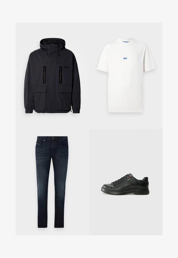 Svart vanntett jakke med hette, to glidelåslommer på brystet og elastiske mansjetter. Har et minimalistisk design og "HUGO"-merke.; Hvit kortermet T-skjorte med en liten blå rektangulær logo med teksten "HUGO" sentrert på brystet, ensfarget bakgrunn.; Mørkeblå denimjeans med slim fit, som har fem lommer, subtil bleking og en metallknapp-lukking i midjen.; Svarte lærsneakers med teksturert overdel, polstret krage og rød logodetalj. Har en tykk gummisåle med tydelig mønster.