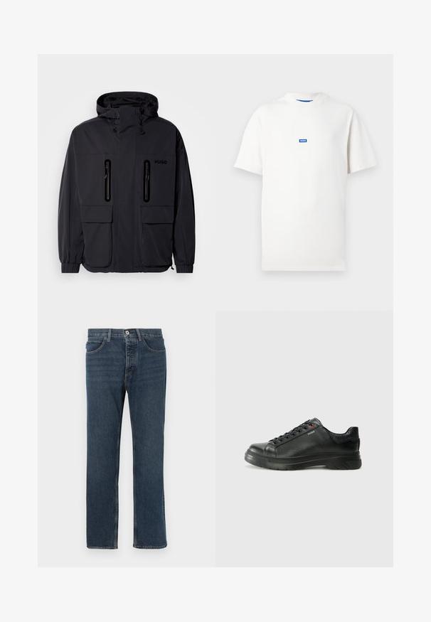 Veste imperméable noire avec capuche, deux poches poitrine zippées et poignets élastiques. Présente un design minimaliste et un logo "HUGO".; T-shirt blanc à manches courtes avec un petit logo rectangulaire bleu portant l'inscription "HUGO", centré sur la poitrine, fond uni.; Jean en denim bleu foncé avec une coupe droite, cinq poches, une fermeture à bouton et des coutures apparentes. Le matériau est texturé avec un design classique.; Sneaker en cuir noir avec une tige texturée, un col rembourré et un détail de logo rouge. Caractéristiques d'une épaisse semelle en caoutchouc avec un motif de semelle distinct.
