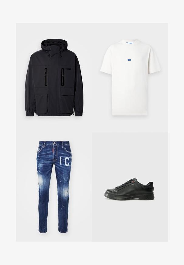 Black waterproof jacket with a hood, two zippered chest pockets, and elastic cuffs. Features minimalistic design and "HUGO" branding.; White short-sleeve T-shirt with a small blue rectangular logo reading "HUGO" centered on the chest, plain background.; Blue denim jeans with a slim fit, featuring distressed details, white paint splatters, and bold "IC" lettering on the front.; Black leather sneaker with textured upper, padded collar, and red logo detail. Features a thick rubber sole with distinct tread pattern.