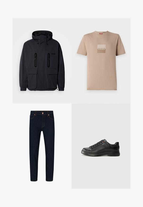 Must have veekindel, kapuutsiga must jakk, kus on kaks tõmblukuga rinna-taskut ja elastsed mansetid. Omab minimalistlikku disaini ja "HUGO" brändimist.; Beež T-särk, mis on valmistatud puuvillast, millel on ruudukujuline logo valgete ja heleda pruuni tooni kombinatsioonis. Lühikesed varrukad, ümar kaelus, standardne lõige.; Tumedate sinine teksapüksid, kitsas lõige, kontrastsete oranžide niitide ja klassikalise nööbiga kinnitusega. Omab esip pockets ja kitsenevaid jalgu.; Must musta tennis, mille tekstuuriga pealis, pehmendatud krae ja punane logo detail. Omab paksu kummist tallat, millel on selge tallamuster.