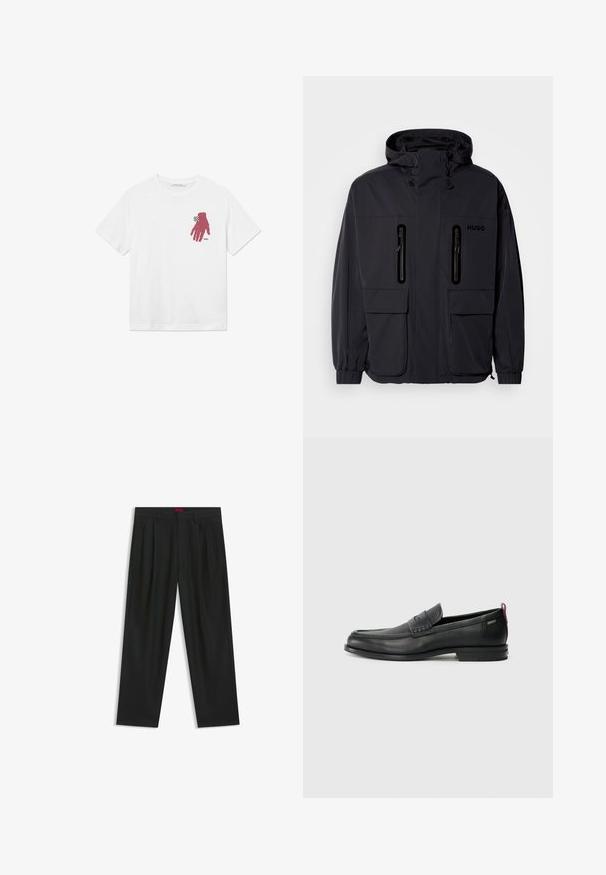Musta vedenpitävä takki hupulla, jossa on kaksi vetoketjullista rintataskua ja elastiset hihansuut. Ominaisuuksina minimalistinen muotoilu ja "HUGO" -brändäys.; Valkoinen puuvillapaita, jossa on vasemmassa rinnassa vaaleanpunainen pikselöity käsi -grafiikka ja ranteen kohdalla musta-valkoinen ruutukuviota.; Mustat housut, joissa on poimutettu muotoilu, leveä lahjetyyppi ja sileä pinta. Varustettu punaisella vyötärötagilla.; Musta nahkakengät, joissa on teksturoitu etupaneeli ja sileät sivut. Varustettu kapealla kantapäillä ja takasilmukalla helppoa pukemista varten. Klassinen muotoilu.