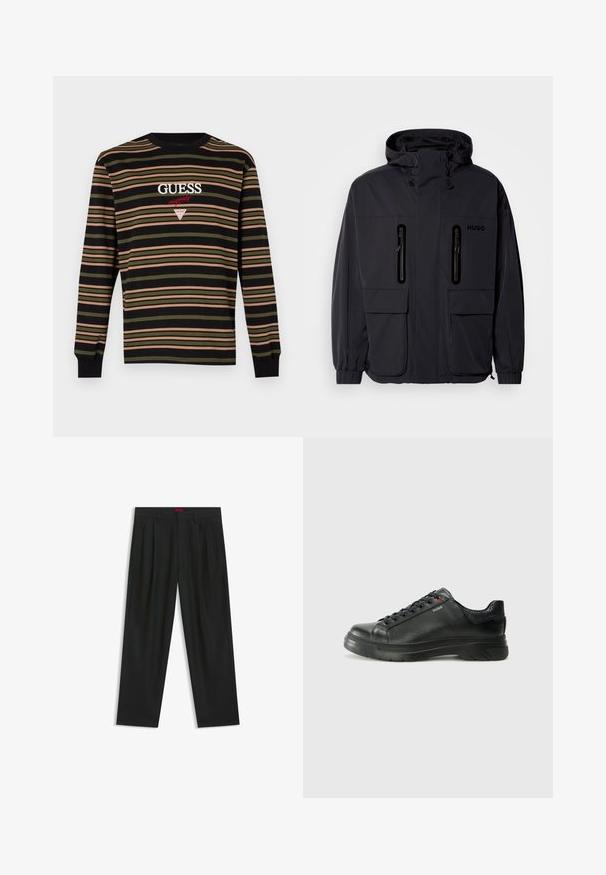 Svart vattentät jacka med huva, två blixtlåsförsedda bröstfickor och elastiska muddar. Har en minimalistisk design och "HUGO"-logotyp.; Svart långärmad skjorta med flerfärgade horisontella ränder i grönt, rosa och beige. Har "GUESS"-logotyp i vit och röd brodyr.; Svarta byxor med vikta detaljer, bred benform och en slät textur. Har en röd midjebandsetikett.; Svart lädersneaker med texturerad ovandel, vadderat krage och röd logotypdetalj. Utrustad med en tjock gummisula med distinkt mönster.