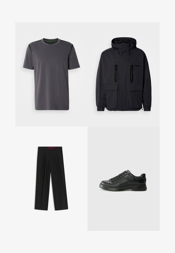 Black waterproof jacket with a hood, two zippered chest pockets, and elastic cuffs. Features minimalistic design and "HUGO" branding.; Gray short-sleeve t-shirt made of soft cotton with a crew neck, featuring black shoulder accents and subtle brand logo on the neckline.; Black wide-leg trousers with a flat front, two side pockets, pleated design, and a contrasting red interior waistband.; Black leather sneaker with textured upper, padded collar, and red logo detail. Features a thick rubber sole with distinct tread pattern.