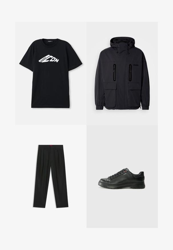 Svart vattentät jacka med huva, två blixtlåsförsedda bröstfickor och elastiska muddar. Har en minimalistisk design och "HUGO"-logotyp.; Svart bomull T-shirt med en vit logotypdesign med vinklade former och text, rund halsringning och korta ärmar.; Svarta byxor med vikta detaljer, bred benform och en slät textur. Har en röd midjebandsetikett.; Svart lädersneaker med texturerad ovandel, vadderat krage och röd logotypdetalj. Utrustad med en tjock gummisula med distinkt mönster.