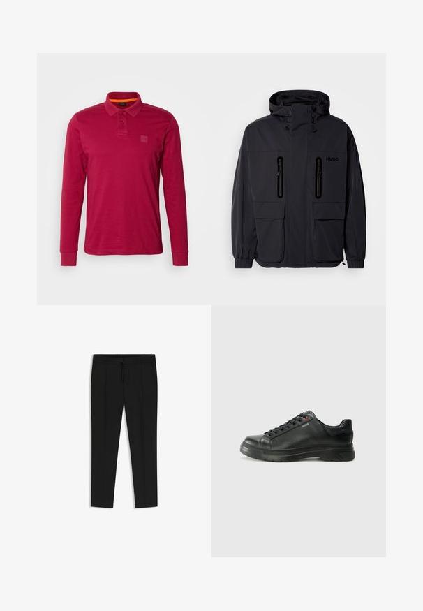 Black waterproof jacket with a hood, two zippered chest pockets, and elastic cuffs. Features minimalistic design and "HUGO" branding.; Long-sleeve polo shirt in solid burgundy cotton, featuring a three-button placket, ribbed cuffs, and a small logo patch on the chest.; Black trousers with a drawstring waist, pleated front, tapered legs, and smooth fabric texture. No additional patterns or details.; Black leather sneaker with textured upper, padded collar, and red logo detail. Features a thick rubber sole with distinct tread pattern.