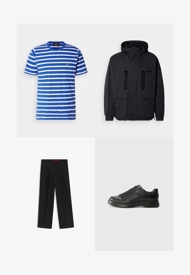 Black waterproof jacket with a hood, two zippered chest pockets, and elastic cuffs. Features minimalistic design and "HUGO" branding.; Striped t-shirt in blue and white, made from cotton. Features a crew neck and a small "MN" logo on the chest, short sleeves.; Black wide-leg trousers with a flat front, two side pockets, pleated design, and a contrasting red interior waistband.; Black leather sneaker with textured upper, padded collar, and red logo detail. Features a thick rubber sole with distinct tread pattern.