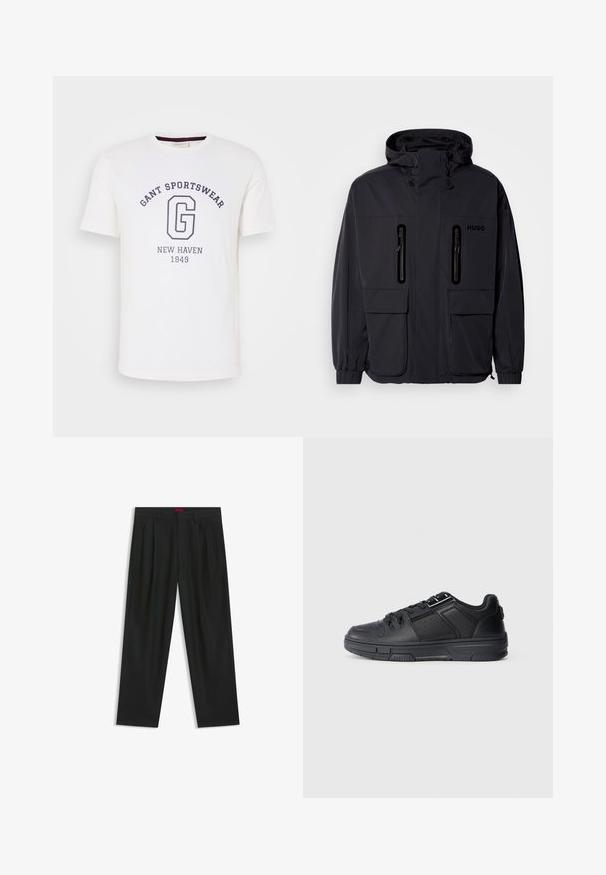 Zwarte waterdichte jas met een capuchon, twee ritszakken op de borst en elastische manchetten. Heeft een minimalistisch ontwerp en "HUGO" branding.; Witte katoenen t-shirt met een ronde hals, korte mouwen en donkerblauwe bedrukte tekst: "GANT SPORTSWEAR," "NEW HAVEN," en "1949."; Zwarte broek met een geplooid ontwerp, wijde pijpen en een zachte textuur. Voorzien van een rode taillebandlabel.; Zwarte sport schoen met een gladleren bovenwerk, textuuraccenten, geperforeerde details en een rubberen zool met een vlak profiel.