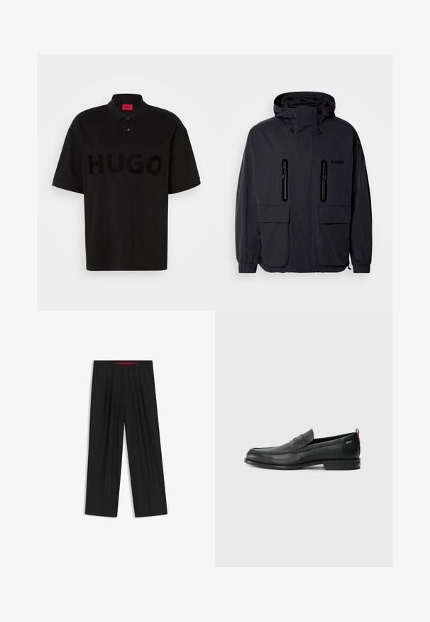 Zwarte waterdichte jas met een capuchon, twee ritszakken op de borst en elastische manchetten. Heeft een minimalistisch ontwerp en "HUGO" branding.; Zwarte polo gemaakt van katoen, met een groot, ton-sur-ton "HUGO" logo op de voorkant, een kraag met twee knopen en korte mouwen.; Zwarte wijde broek met een vlakke voorkant, twee zijzakken, geplooid ontwerp en een contrasterende rode binnenband.; Zwarte leren instappers met een textuur aan de voorkant en gladde zijden. Voorzien van een slanke hak en een lus aan de achterkant voor gemakkelijk aan- en uittrekken. Klassiek ontwerp.