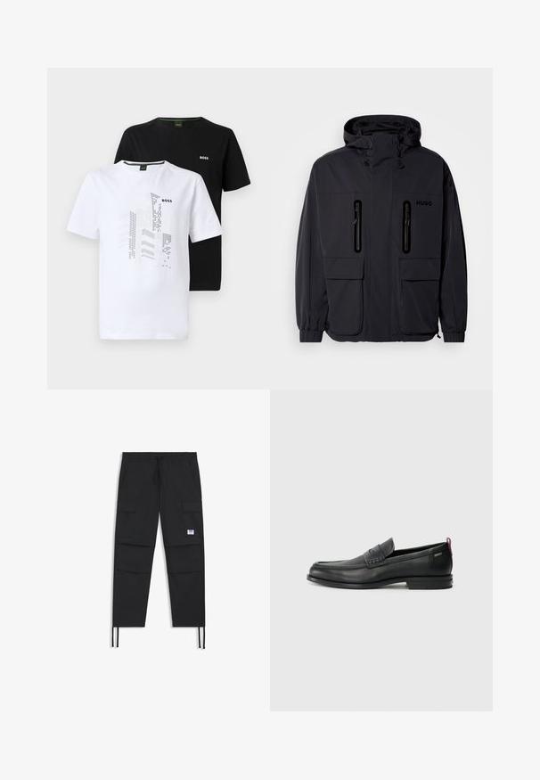 Black waterproof jacket with a hood, two zippered chest pockets, and elastic cuffs. Features minimalistic design and "HUGO" branding.; Two short-sleeve T-shirts: one white with graphic design and logo, one solid black with logo. Cotton material, crew neck style.; Black cargo pants featuring a drawstring waist, multiple pockets, elastic cuff, and a subtle logo patch. Made from lightweight fabric.; Black leather loafers with a textured front panel and smooth sides. Features a slim heel and rear loop for easy wear. Classic design.