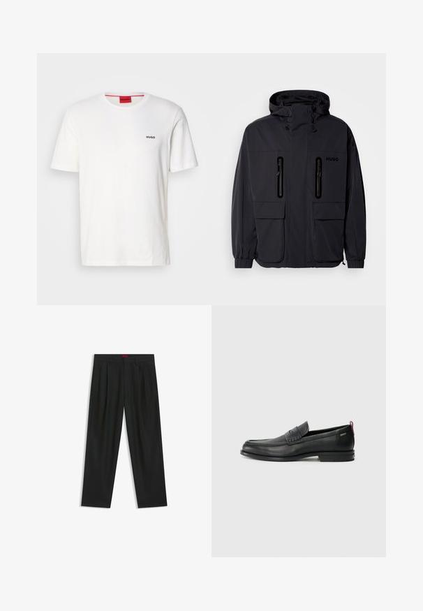 Black waterproof jacket with a hood, two zippered chest pockets, and elastic cuffs. Features minimalistic design and "HUGO" branding.; White cotton T-shirt with crew neck, short sleeves, featuring a small black "HUGO" logo on the left chest and a contrasting red label inside.; Black trousers with a pleated design, wide leg shape, and a smooth texture. Features a red waistband tag.; Black leather loafers with a textured front panel and smooth sides. Features a slim heel and rear loop for easy wear. Classic design.