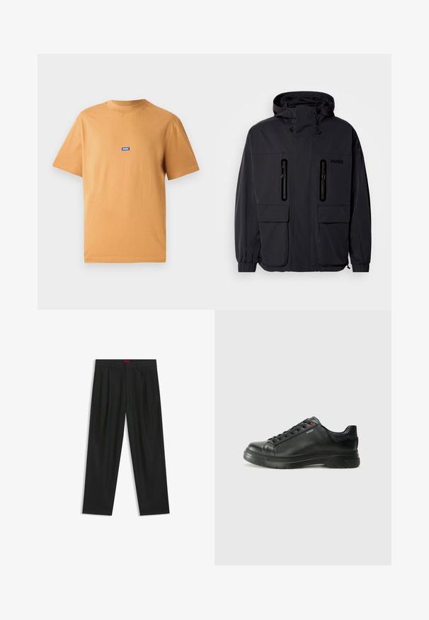Sort vandtæt jakke med hætte, to lynlås-lommer på brystet og elastiske manchetter. Har et minimalistisk design og "HUGO" branding.; Orange bomulds T-shirt med rund hals og korte ærmer, med et lille blåt "HUGO" logo patch på brystet. Glat struktur.; Sorte bukser med plisseret design, bred benform og en glat tekstur. Har et rødt taljetag.; Sorte lædersneakers med tekstureret overdel, polstret krave og rødt logo-detajle. Har en tyk gummisål med tydeligt mønster.