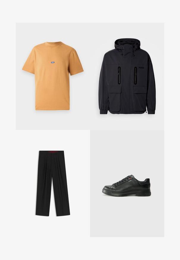 Sort vandtæt jakke med hætte, to lynlås-lommer på brystet og elastiske manchetter. Har et minimalistisk design og "HUGO" branding.; Orange bomulds T-shirt med rund hals og korte ærmer, med et lille blåt "HUGO" logo patch på brystet. Glat struktur.; Sorte brede bukser med flad front, to sidelommer, plisseret design og en kontrastfarvet rød inderside på linningen.; Sorte lædersneakers med tekstureret overdel, polstret krave og rødt logo-detajle. Har en tyk gummisål med tydeligt mønster.