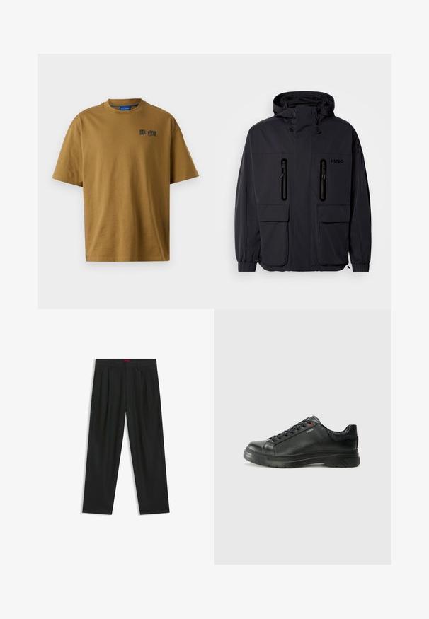Black waterproof jacket with a hood, two zippered chest pockets, and elastic cuffs. Features minimalistic design and "HUGO" branding.; Brown cotton t-shirt featuring a crew neckline, short sleeves, and a small black logo on the left chest area. Smooth texture.; Black trousers with a pleated design, wide leg shape, and a smooth texture. Features a red waistband tag.; Black leather sneaker with textured upper, padded collar, and red logo detail. Features a thick rubber sole with distinct tread pattern.