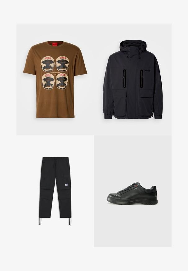 Must have veekindel, kapuutsiga must jakk, kus on kaks tõmblukuga rinna-taskut ja elastsed mansetid. Omab minimalistlikku disaini ja "HUGO" brändimist.; Pruun T-särk, millel on neli vintage-stiilis poksikeppi ja keskel punane tekst "HUGO" ning "BOXING ACADEMY 93".; Mustad mustahoidjad püksid, millel on nööri vöö, mitmed taskud, elastne varrukas ja diskreetne logopatch. Valmistatud kerge kangast.; Must musta tennis, mille tekstuuriga pealis, pehmendatud krae ja punane logo detail. Omab paksu kummist tallat, millel on selge tallamuster.
