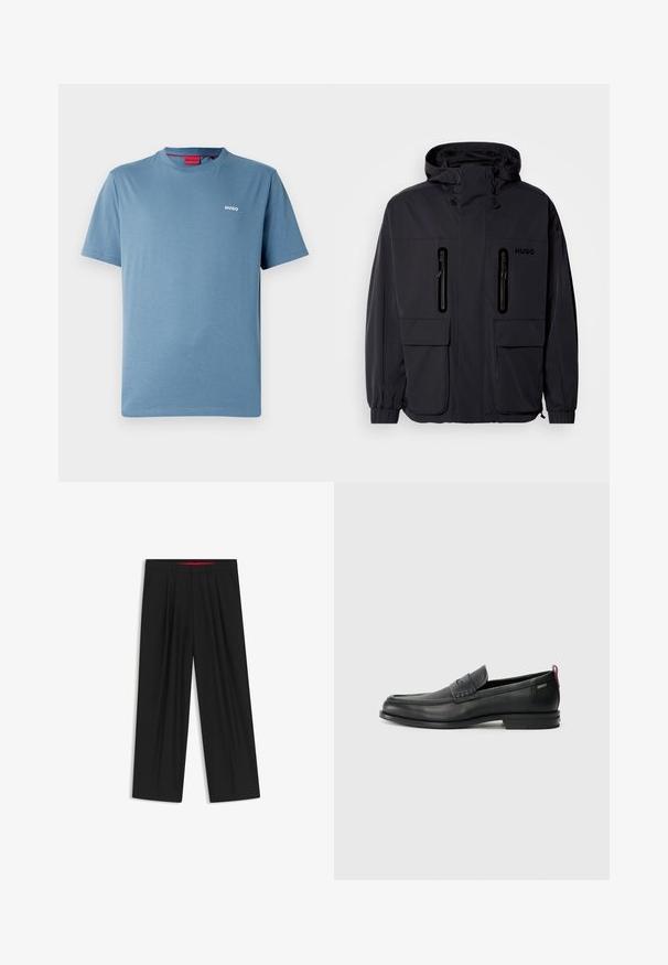 Black waterproof jacket with a hood, two zippered chest pockets, and elastic cuffs. Features minimalistic design and "HUGO" branding.; Blue short-sleeve crewneck T-shirt with small white "HUGO" logo on left chest and red inner collar label.; Black wide-leg trousers with a flat front, two side pockets, pleated design, and a contrasting red interior waistband.; Black leather loafers with a textured front panel and smooth sides. Features a slim heel and rear loop for easy wear. Classic design.