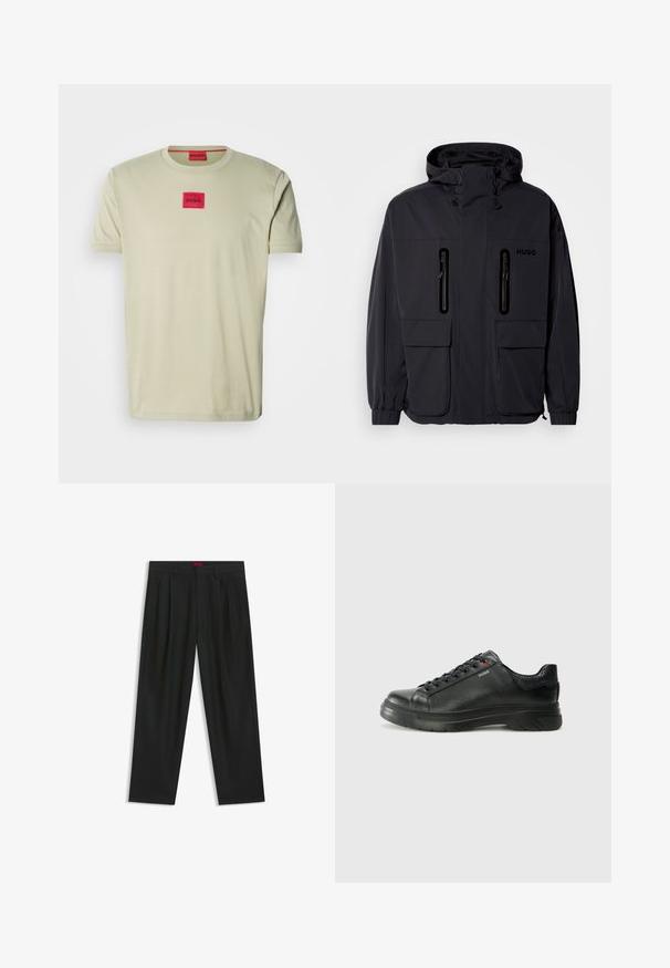 Sort vandtæt jakke med hætte, to lynlås-lommer på brystet og elastiske manchetter. Har et minimalistisk design og "HUGO" branding.; Lys beige t-shirt lavet af bomuld, med rund hals og korte ærmer. Et rødt rektangulært patch med "HUGO" er centreret på brystet.; Sorte bukser med plisseret design, bred benform og en glat tekstur. Har et rødt taljetag.; Sorte lædersneakers med tekstureret overdel, polstret krave og rødt logo-detajle. Har en tyk gummisål med tydeligt mønster.